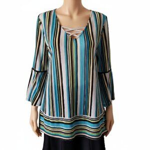 Dana Buchman Tunic Striped Top Criss Cross Neckline Bell Sleeves Womens Medium